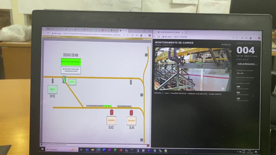 Notebook com duas telas lado a lado: à esquerda o supervisório do desvio DEH08 com os sinais SL62, SL45 e a chave SH32; à direita a tela de monitoramento de carros, com a câmera enquadrando um carro do transportador aéreo e o número 004 reconhecido dentro de uma marcação verde